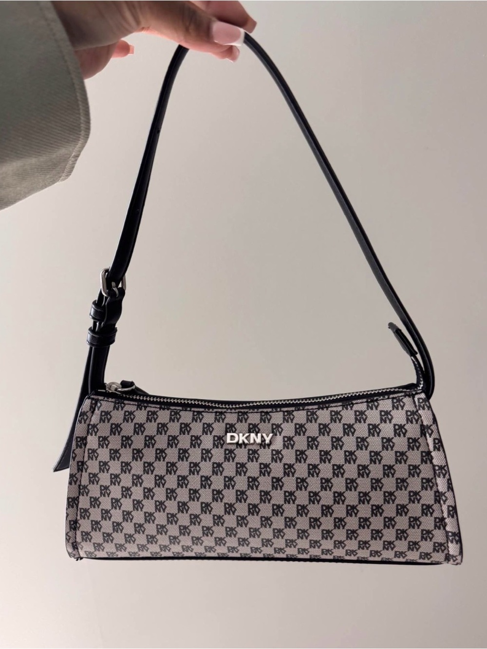 DKNY Black and White Monogram Jacquard Shoulder Bag